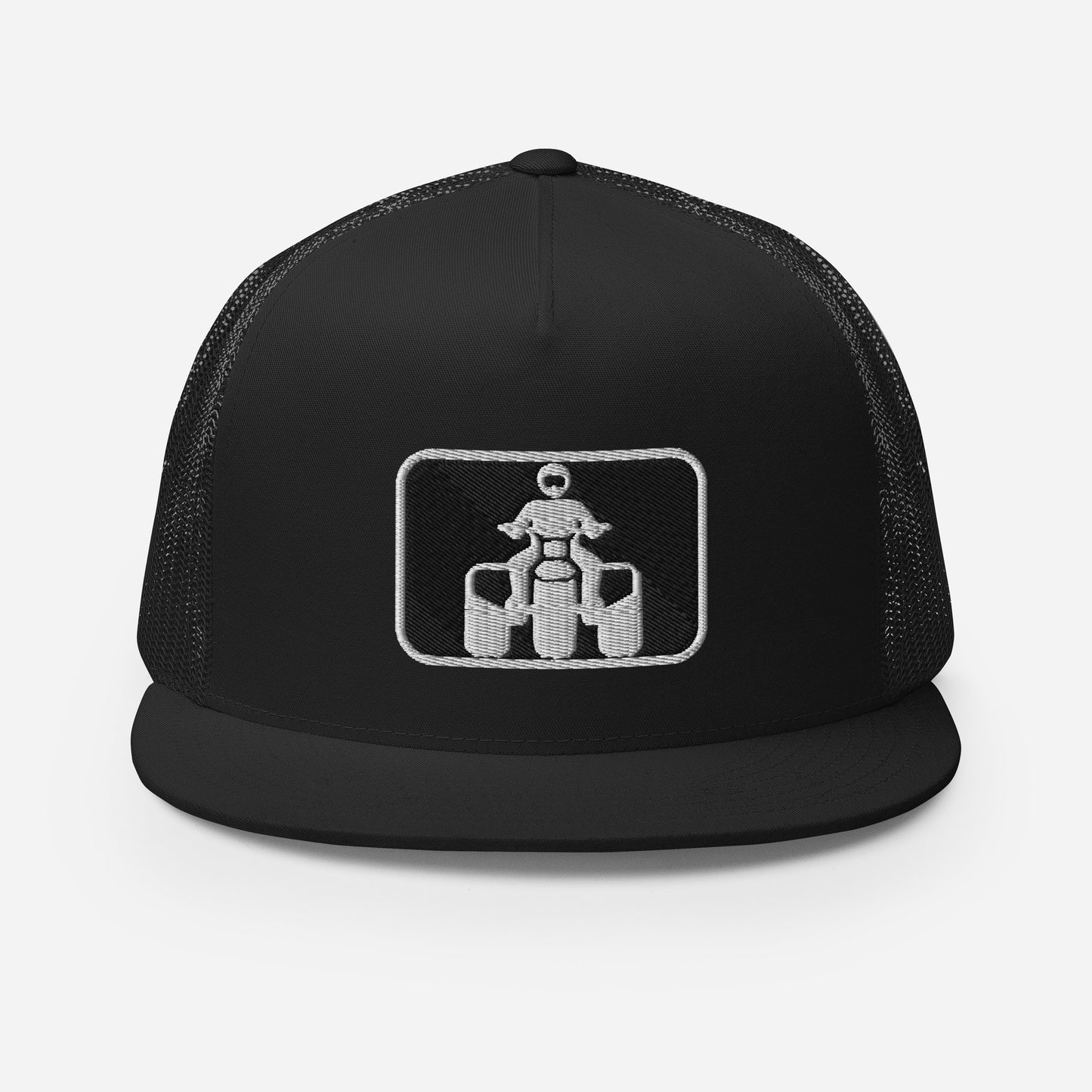 White and Black Threewheeler Flat Bill Trucker Cap