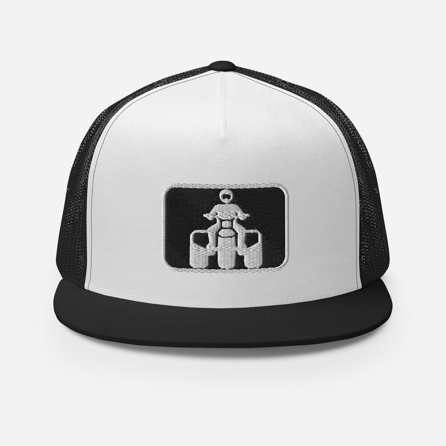 White and Black Threewheeler Flat Bill Trucker Cap