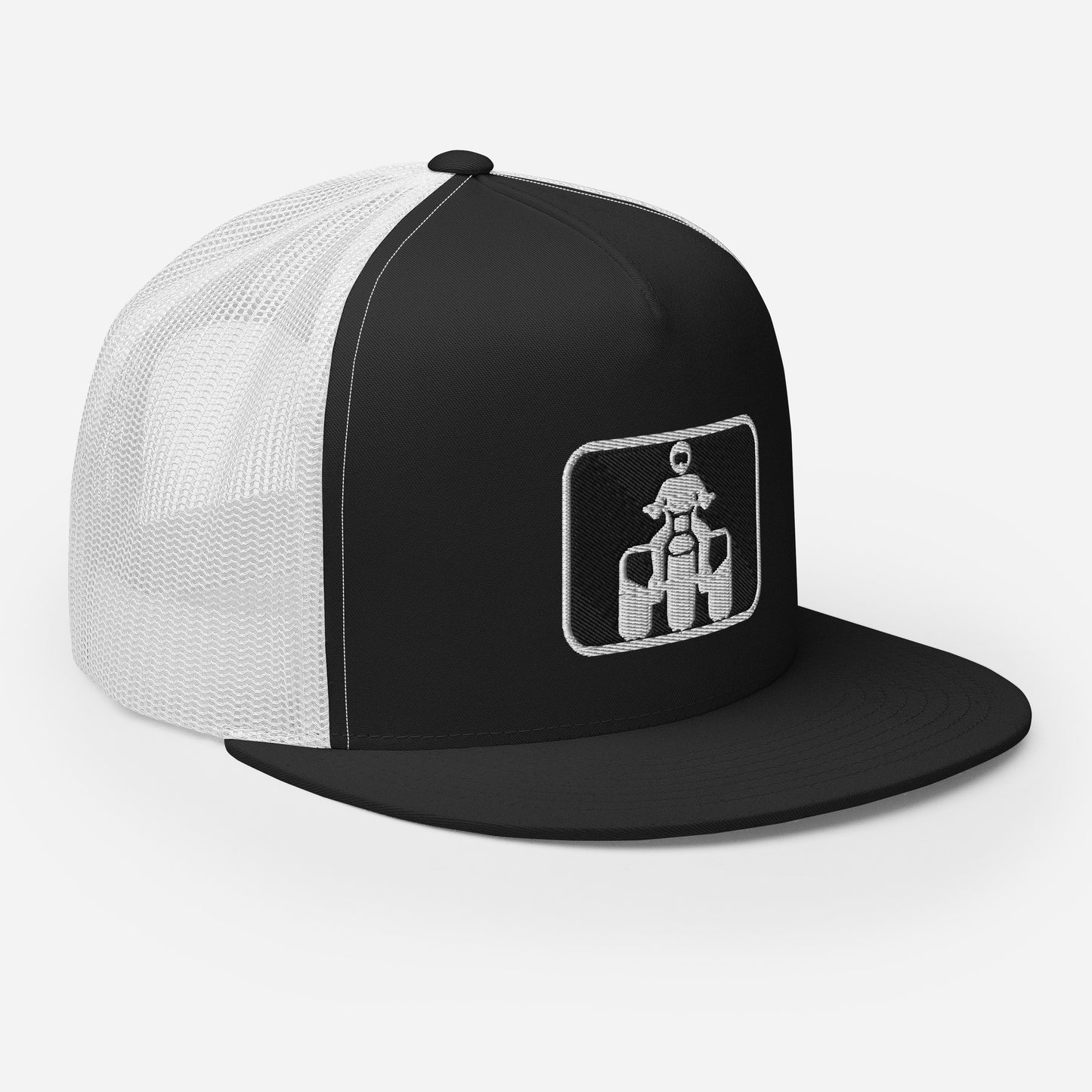 White and Black Threewheeler Flat Bill Trucker Cap