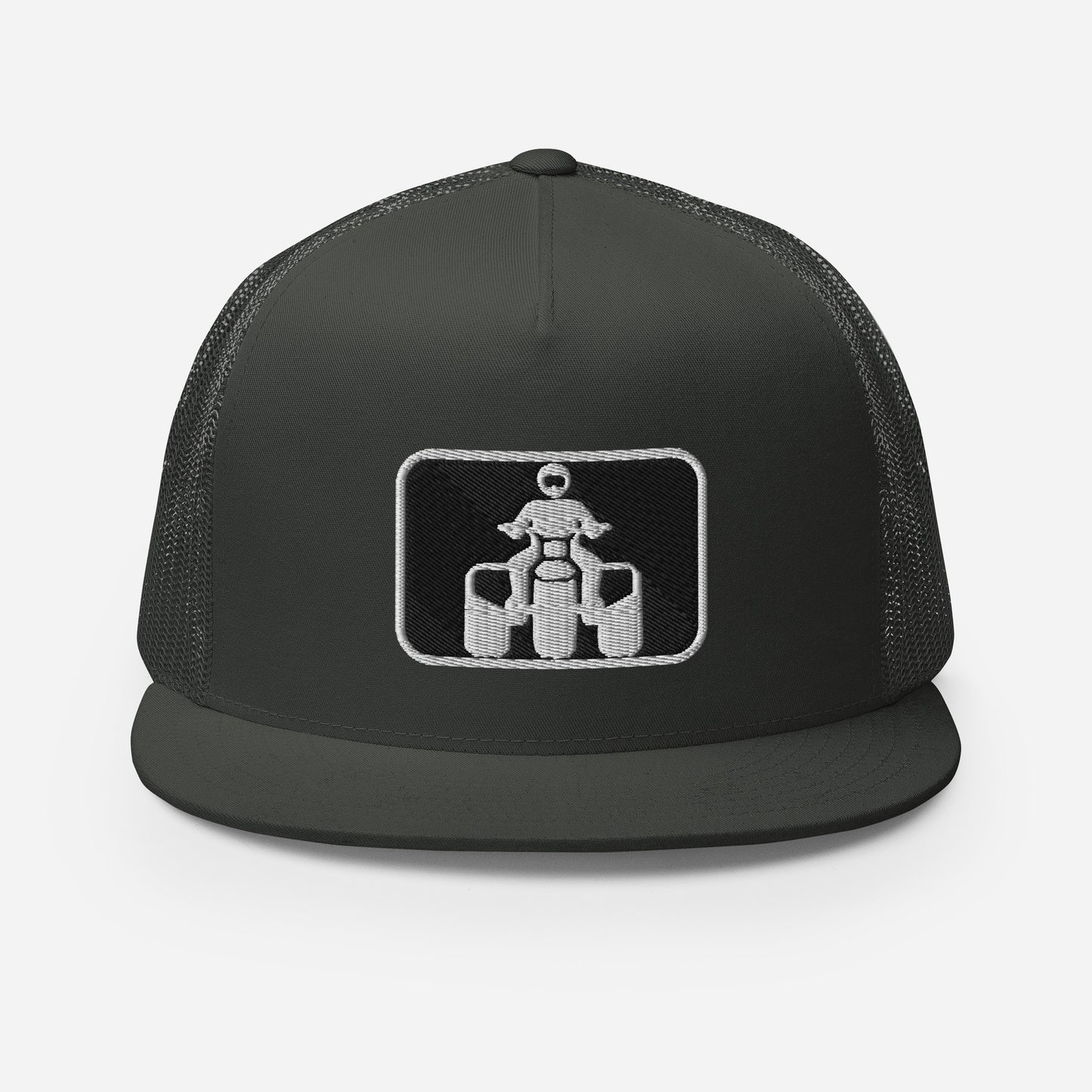 White and Black Threewheeler Flat Bill Trucker Cap