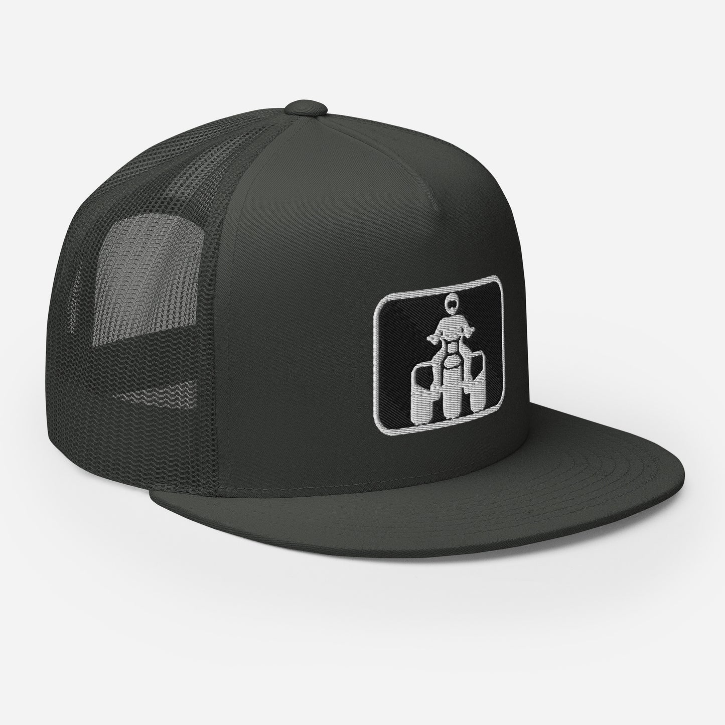 White and Black Threewheeler Flat Bill Trucker Cap