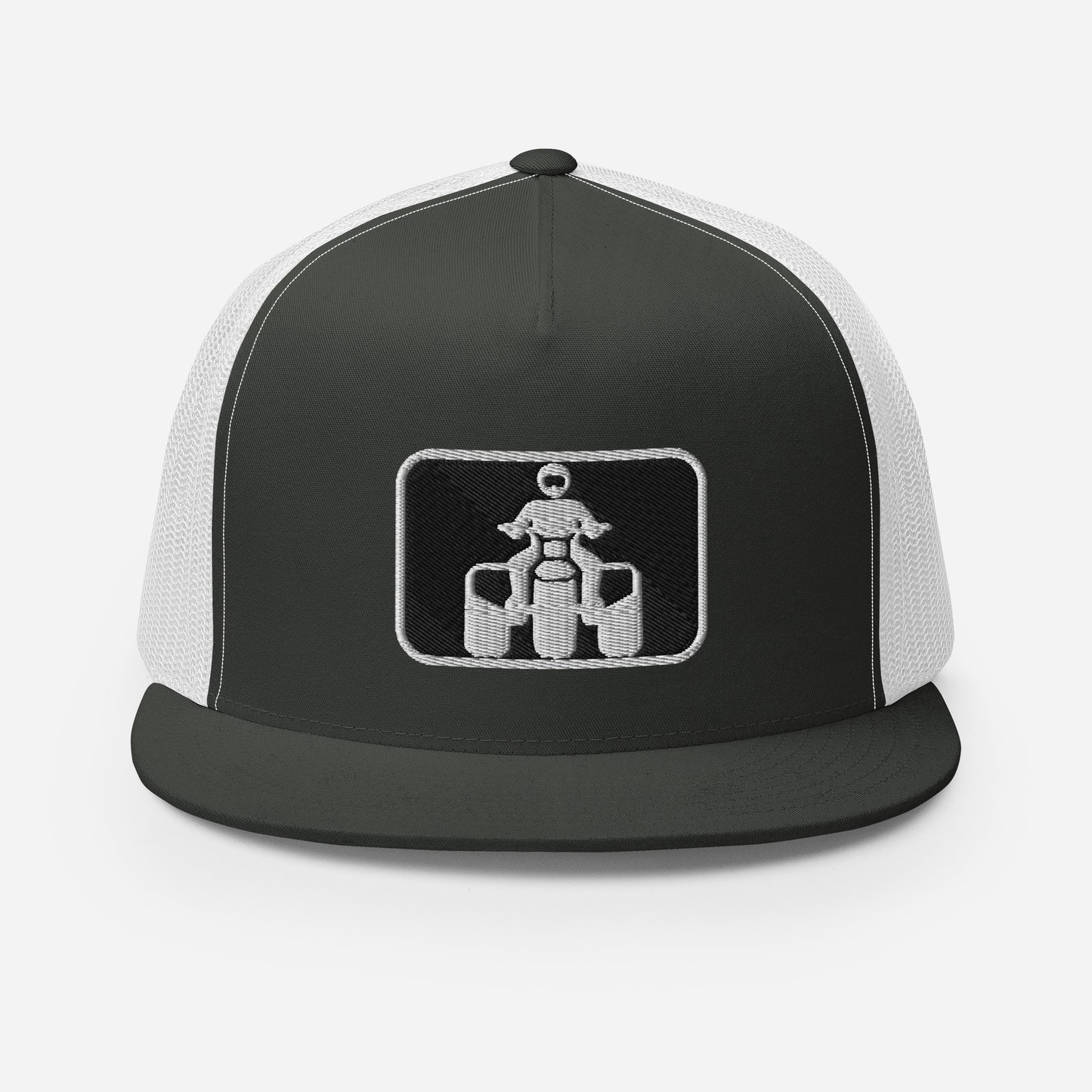 White and Black Threewheeler Flat Bill Trucker Cap