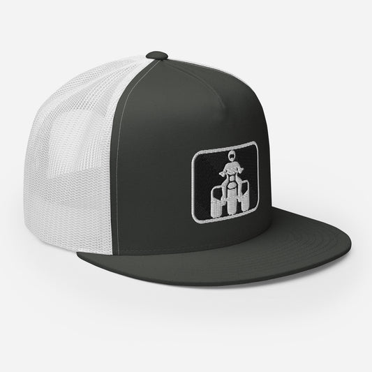 White and Black Threewheeler Flat Bill Trucker Cap