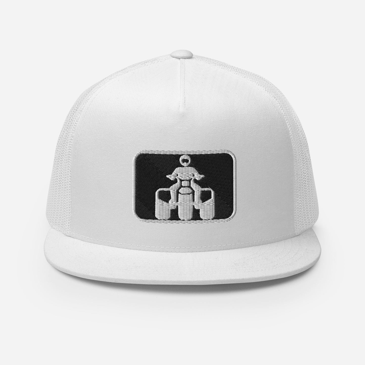 White and Black Threewheeler Flat Bill Trucker Cap