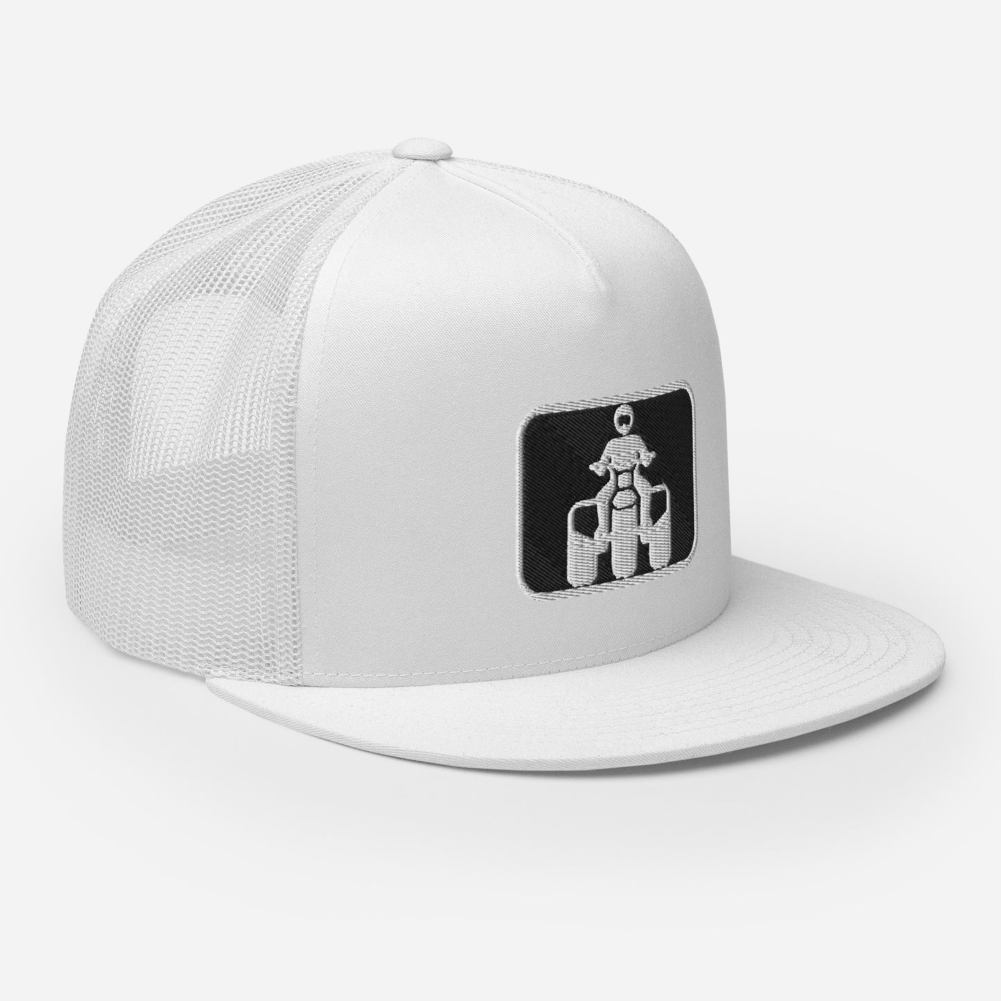 White and Black Threewheeler Flat Bill Trucker Cap