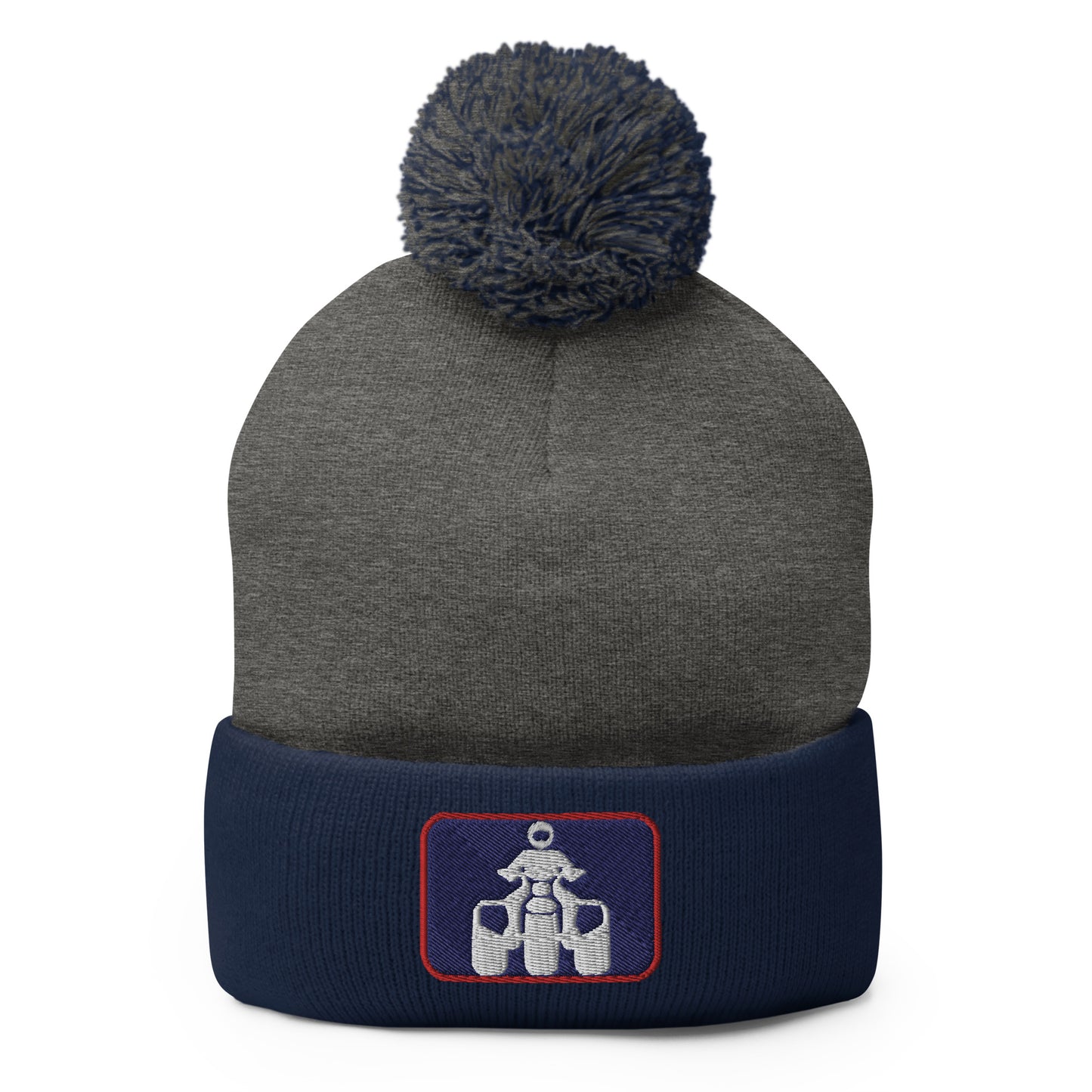 White, Navy and Red Threewheeler Pom-Pom Beanie