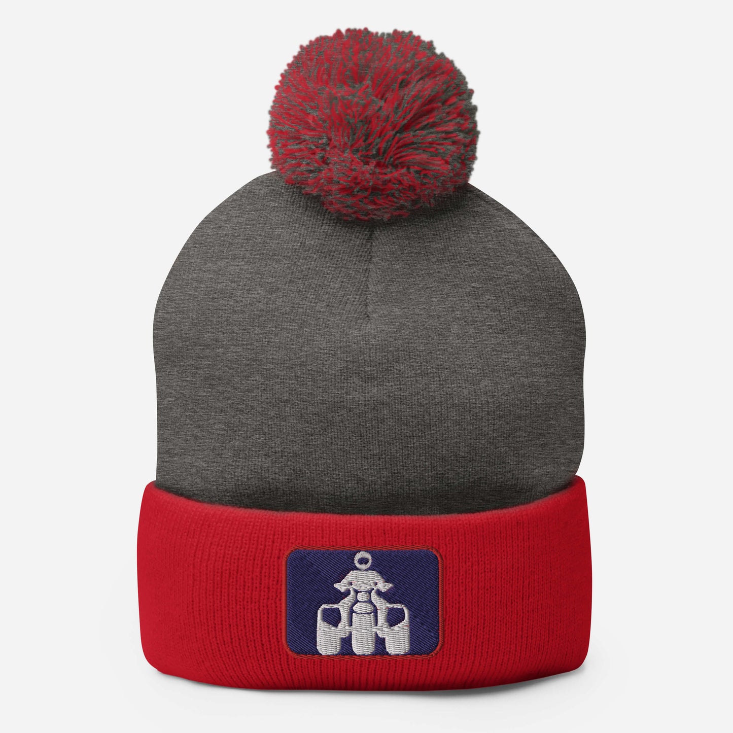 White, Navy and Red Threewheeler Pom-Pom Beanie