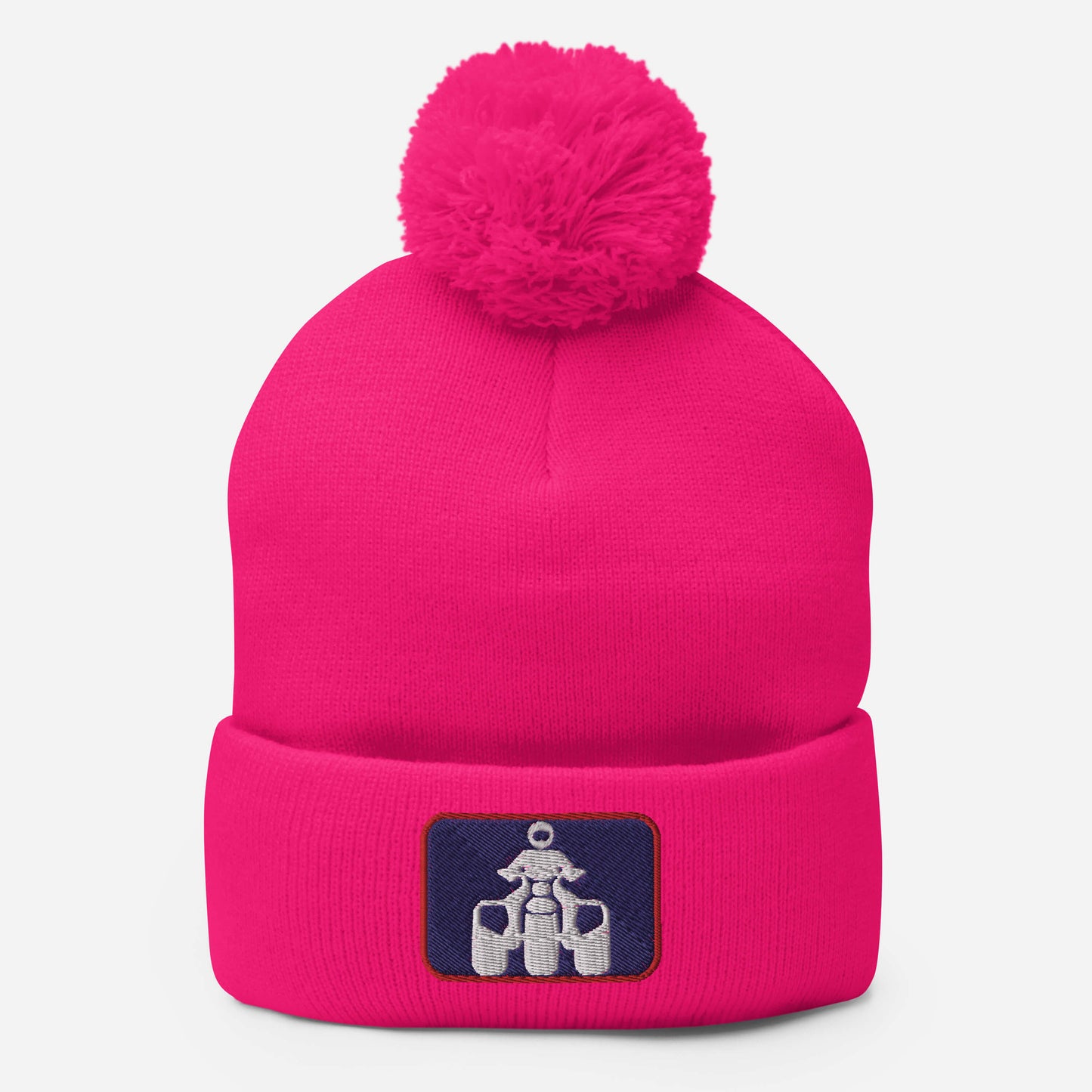 White, Navy and Red Threewheeler Pom-Pom Beanie